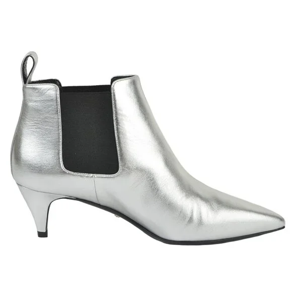 GUCCI BOOTS SILVER LEATHER ELASTIC SIDES KITTEN HEEL ANKLE BOOTIES sz 35.5 5.5